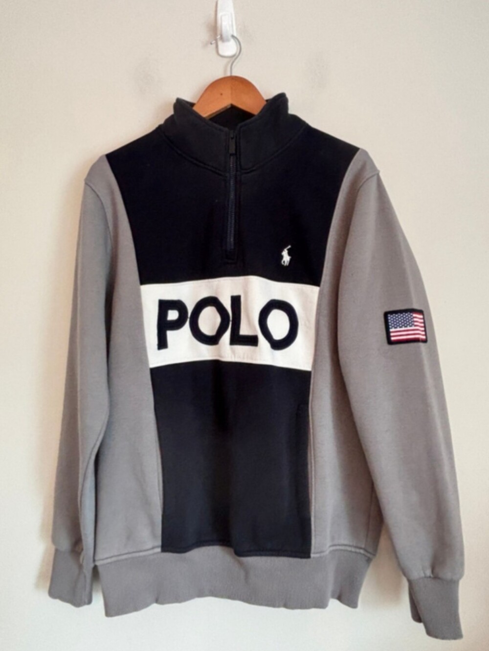 Polo Ralph Lauren Retro Quarter-Zip Sweatshirt Mens Size L Black Grey Spellout